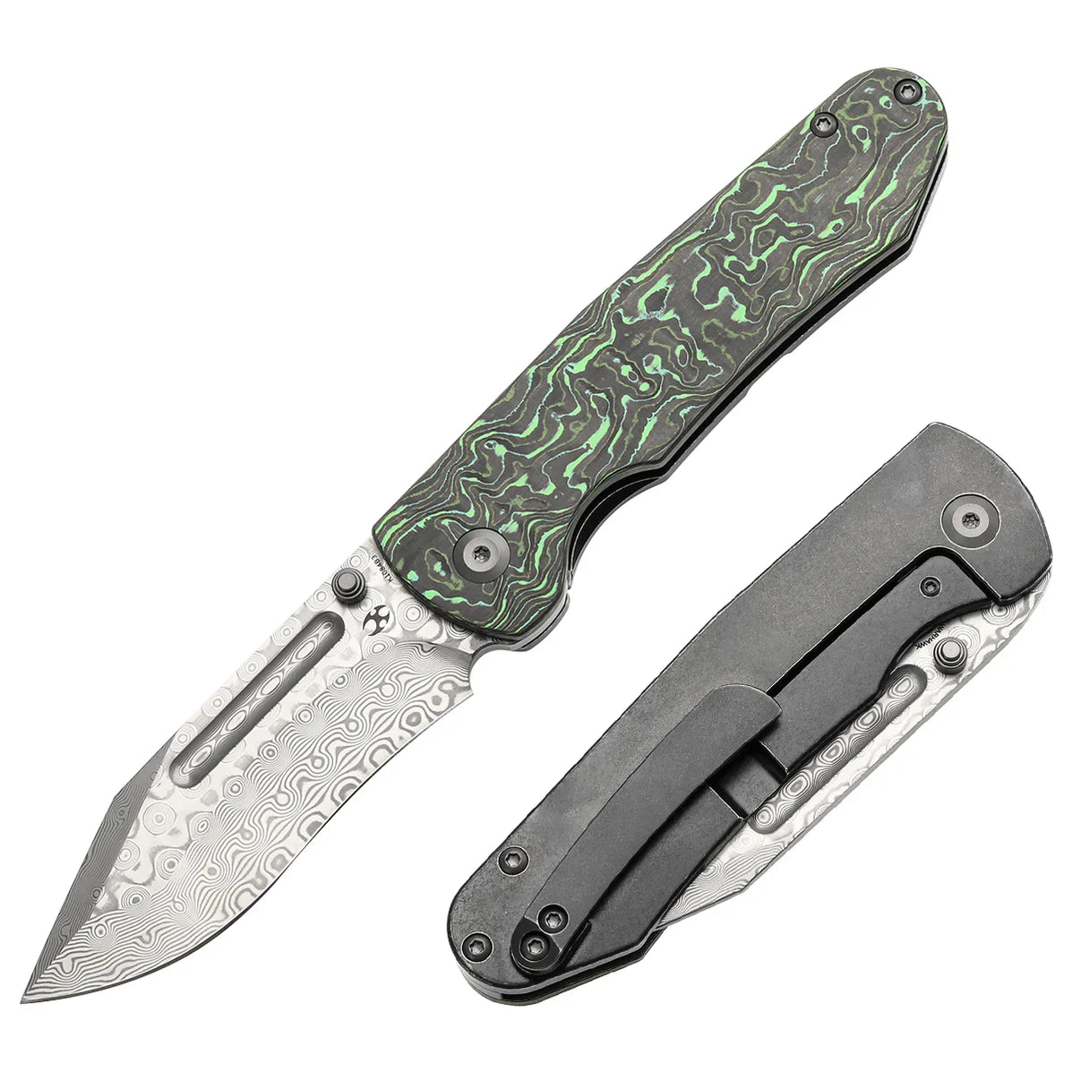Kansept Superhawk 3.89" Damascus Blackwash Titanium & Green Carbon Fiber Black Green K1084B3