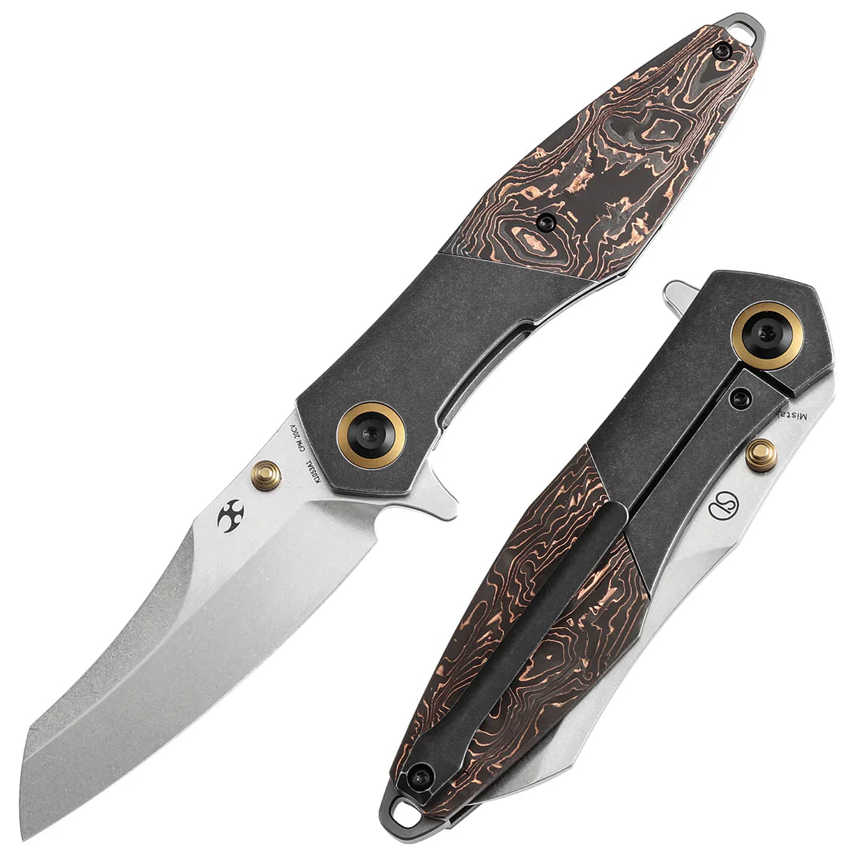 Kansept Mistaken 3.15" Stonewashed CPM 20CV Blackwash Titanium + Copper Carbon Fiber Black, Copper K1053A1