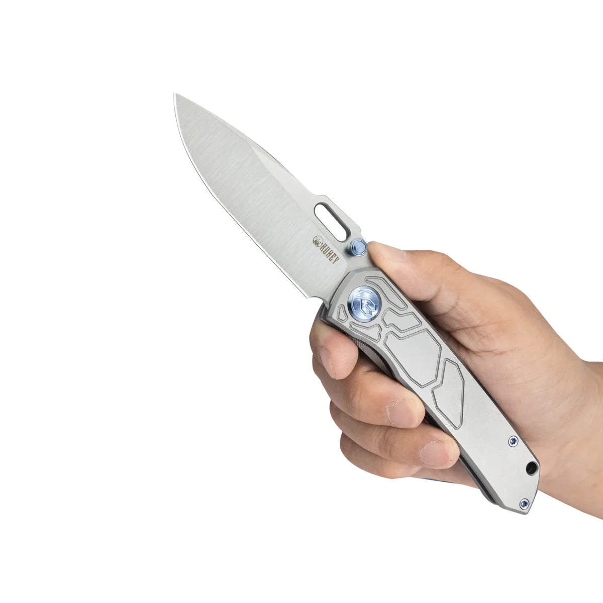 Kubey Blackout Folding Knife 3.15" M390 Belt Satin Drop Point Blade Gray Titanium Handle Frame Lock KB259A