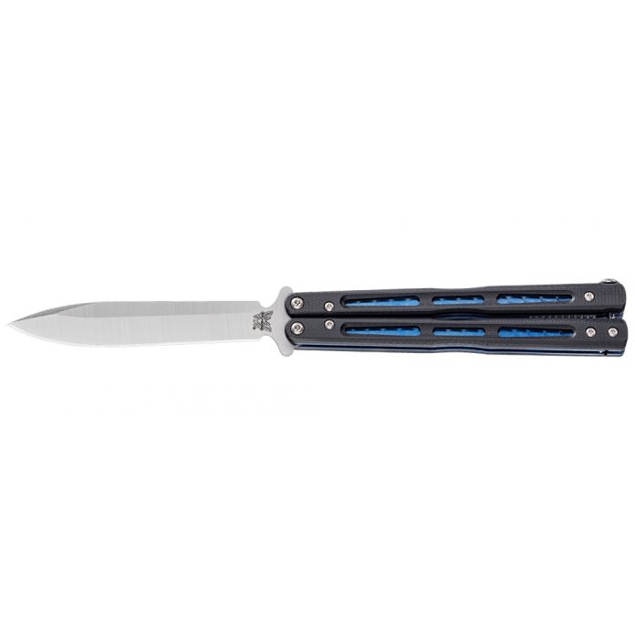 Benchmade Morpho 51 balisong butterfly knife with black G10 handles and blue anodized titanium liners