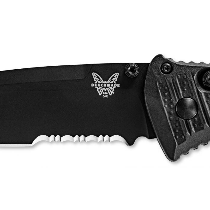 Benchmade Presidio II 570SBK-1 discontinued CF-Elite assisted carry folder with 3.72 inch black serrated blade