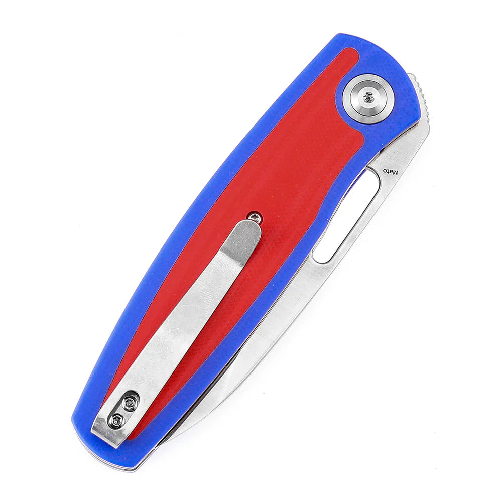 Kansept Mato K1050A1 – 3.30" Satin CPM-S35VN Drop Point Blade, Blue & Red G10 Handle, Liner Lock – Designed by Marco Villella