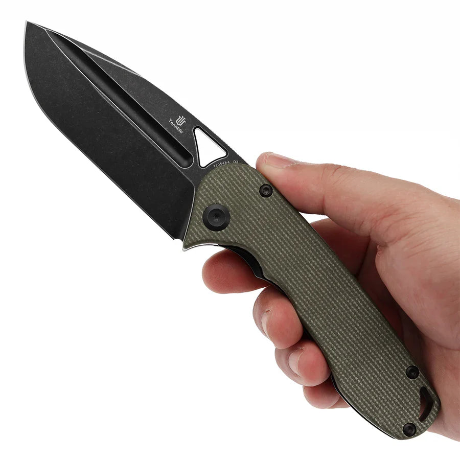 Tenable Bömbur T1054A4 – 3.53" Blackwash D2 Drop Point Blade, Green Micarta Handle