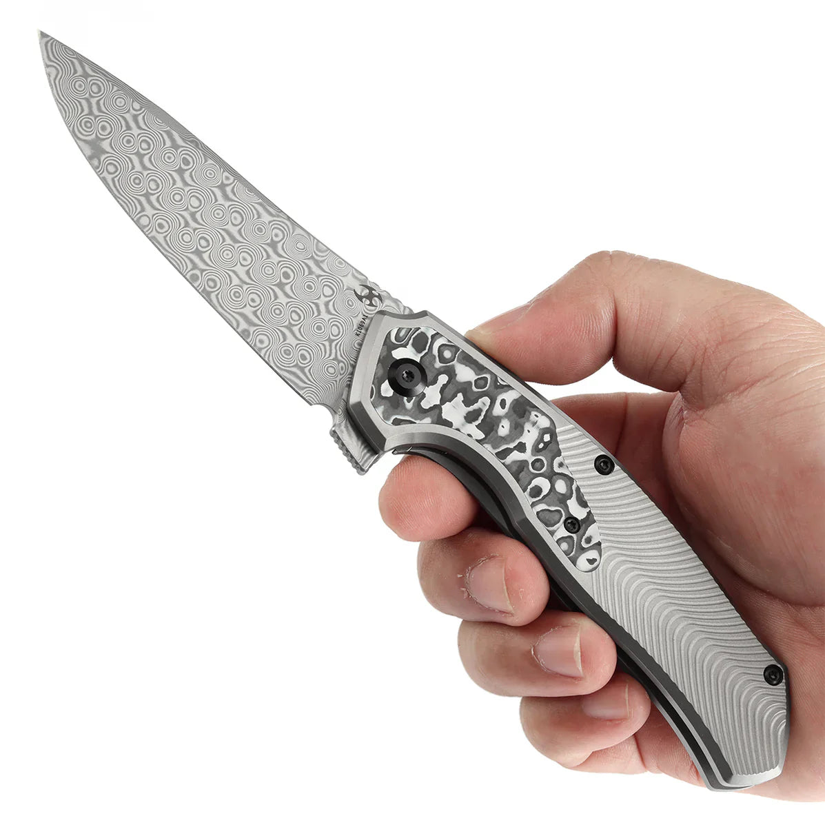 Kansept HAVØRN 3.48" Damascus Titanium + Black and White Carbon Fiber Inlay Black and white K1069A1