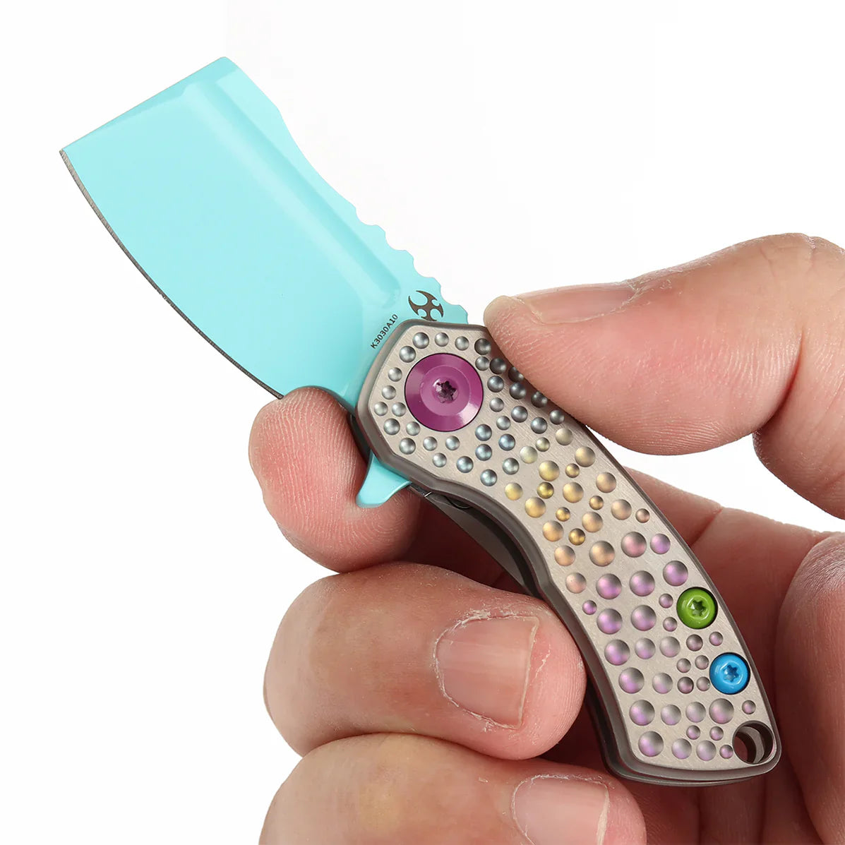 Kansept Mini Korvid 1.45" Light Blue Coating CPM S35VN Gradient Titanium Handle With Dimples K3030A10