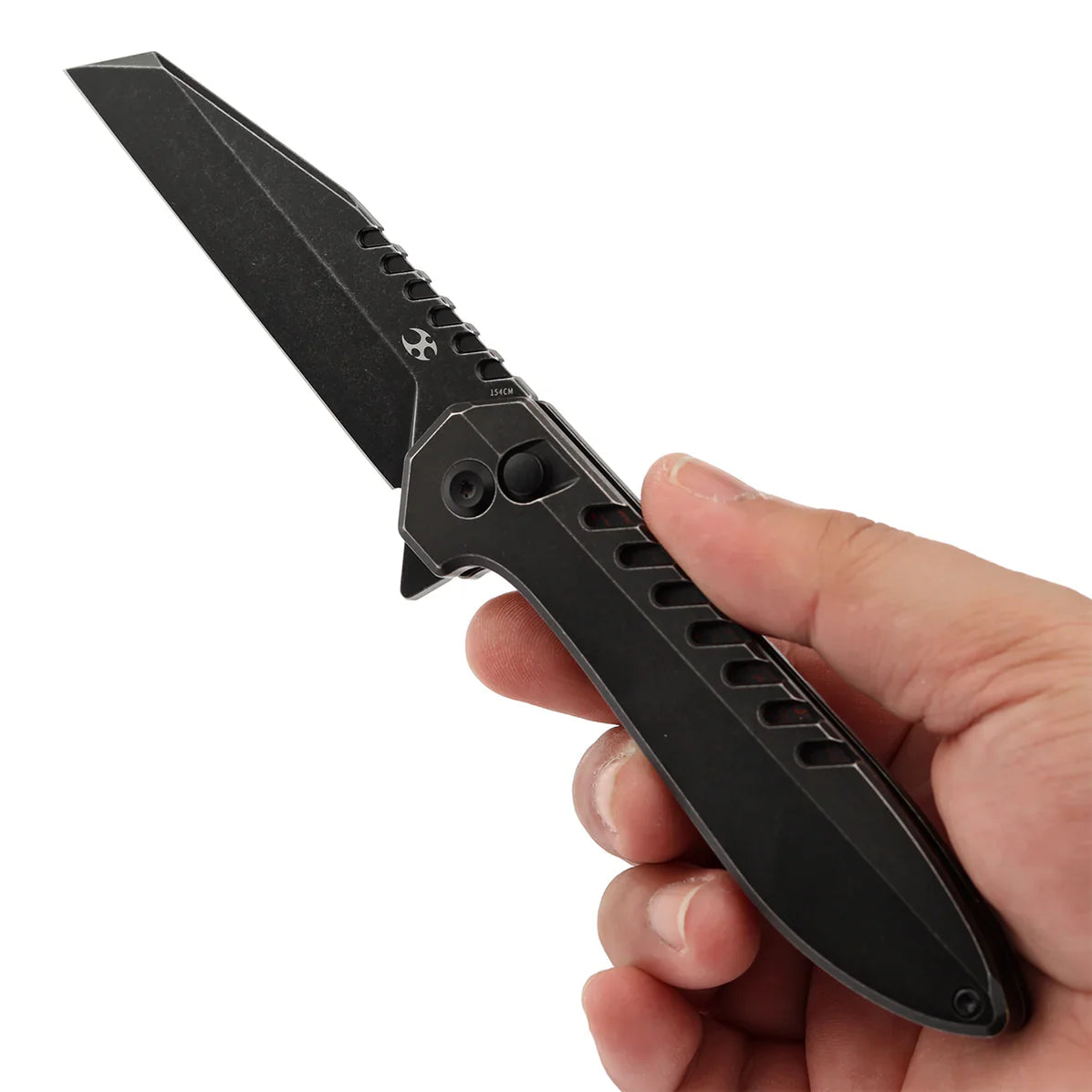 Kansept Kosame Button Lock T1093F5 – 3.37" 154CM Blade, Blackwash Titanium with Black & Red G-Mascus Inlay, by Ei Spade Design