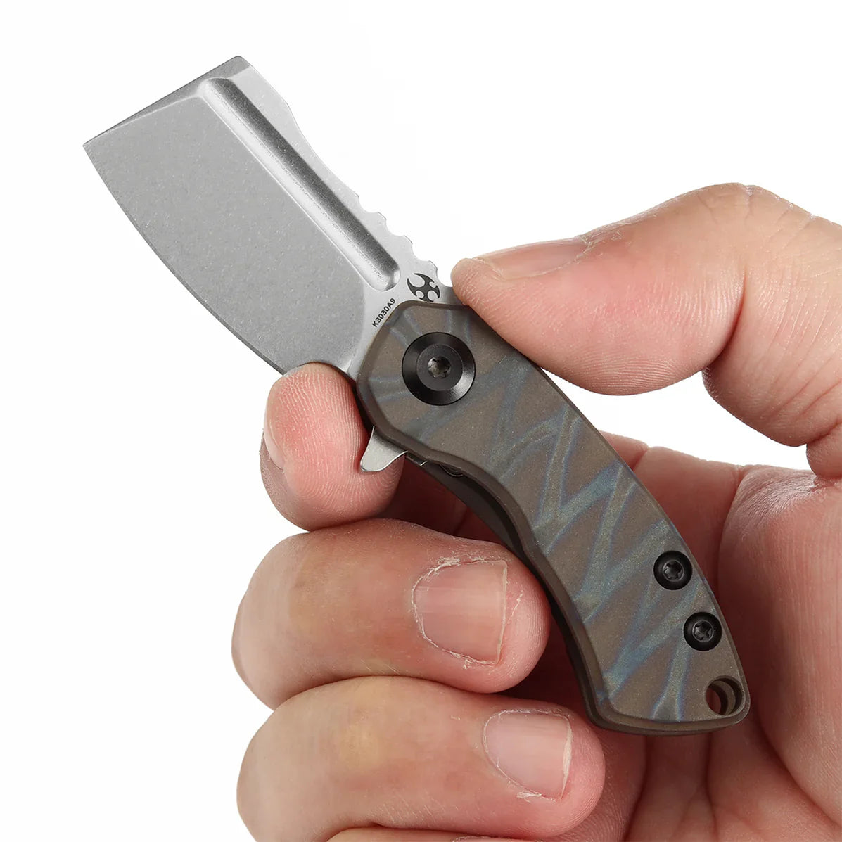 Kansept Mini Korvid 1.45" Stonewashed CPM S35VN Tiger Stripe Flamed Titanium K3030A9
