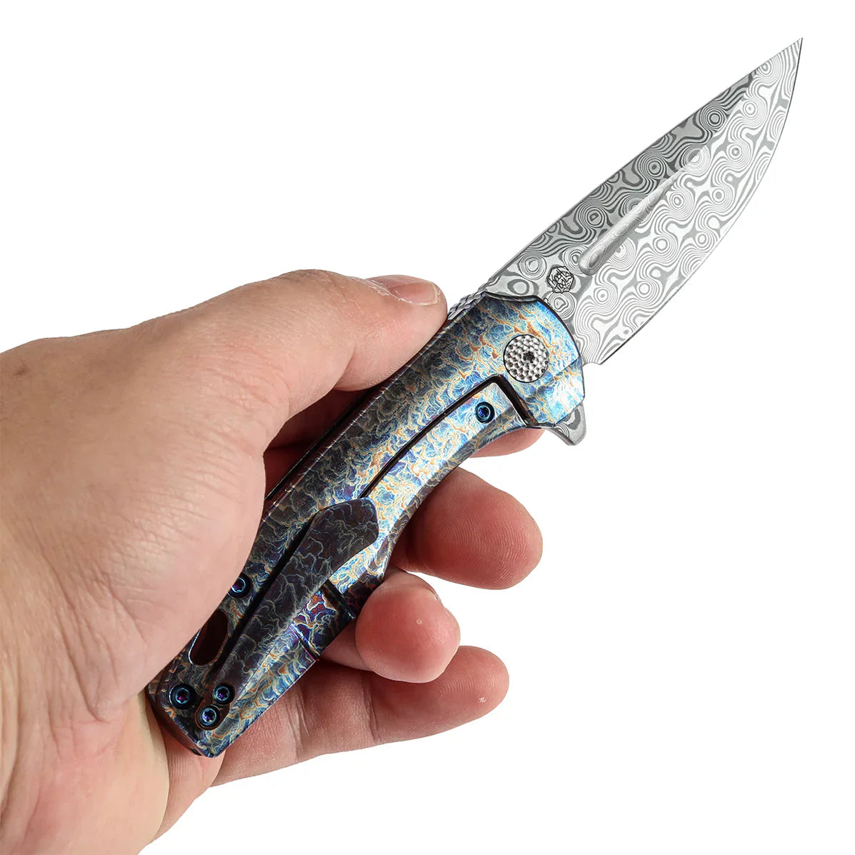 Kansept Cassowary 2.9" Damascus Titanium with Lightning Strike Finish Grey Blue K2065A3