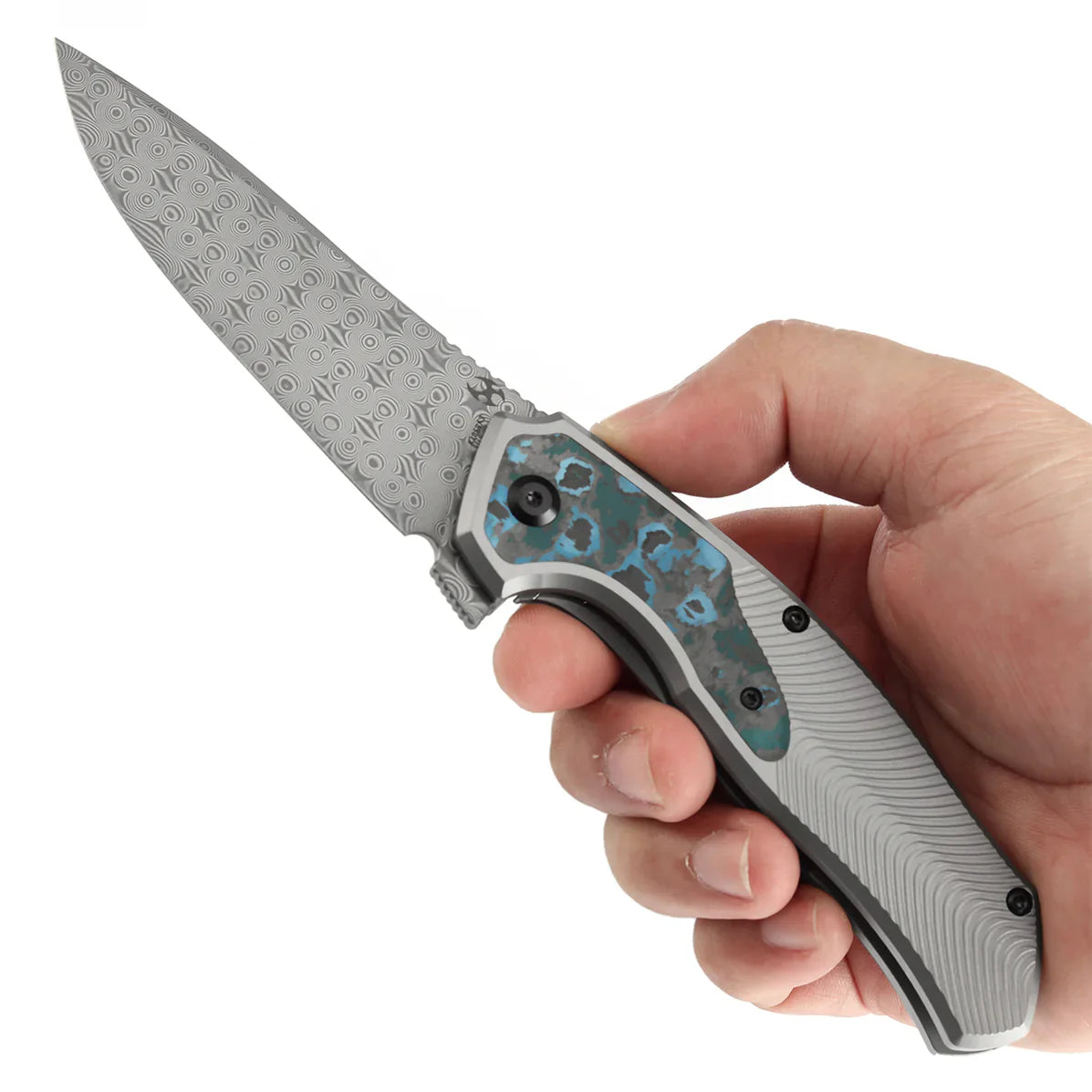 Kansept HAVØRN 3.48" Damascus Titanium+Arctic Storm Fat Carbon Inlay Black and white K1069A3