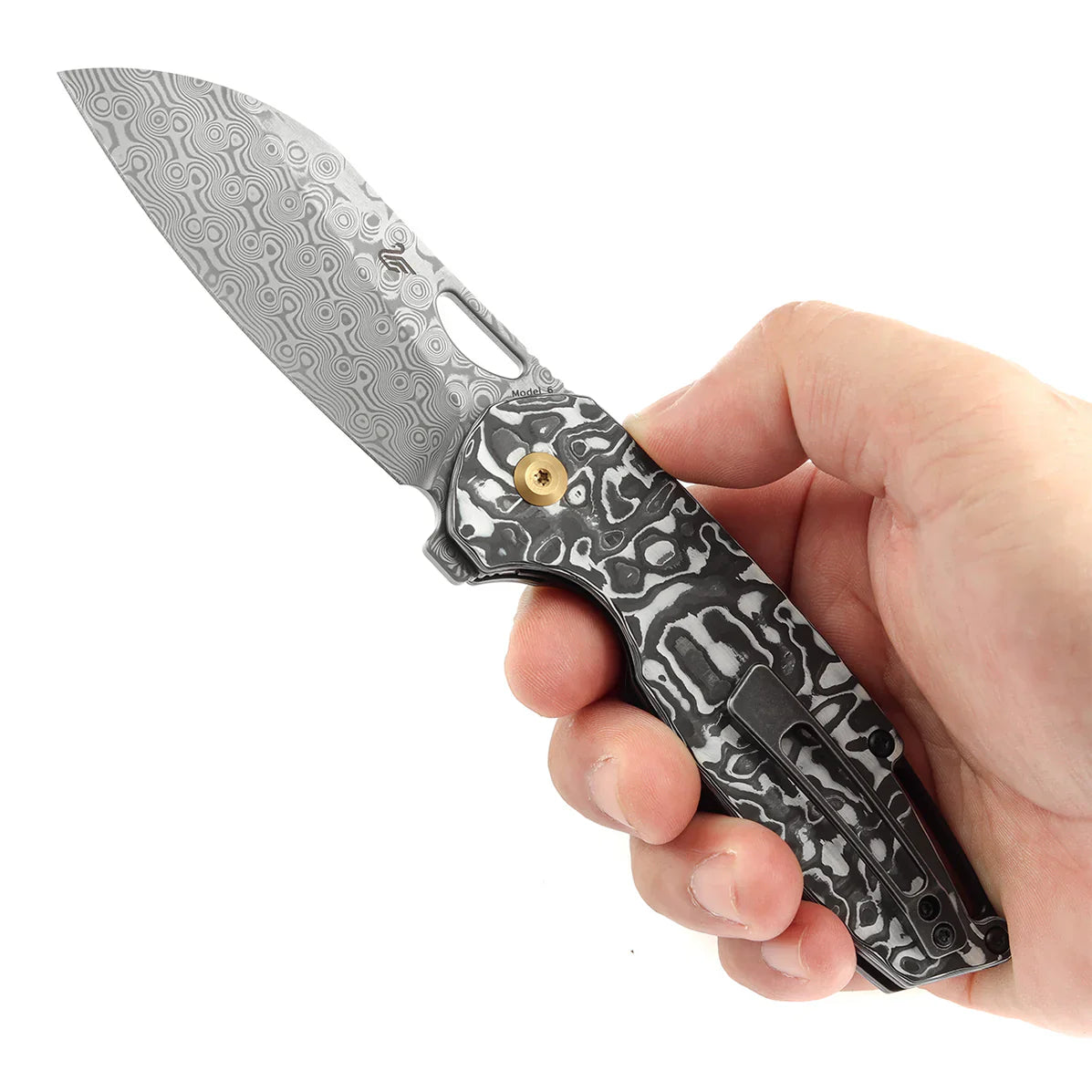 Kansept Knives Model 6 Left-handed 3.1" Damascus Black White Carbon Fiber K1022L1