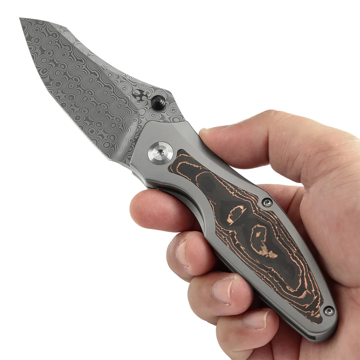 Kansept Baba Yaga 3.06" Damascus Bead Blasted Titanium + Copper Carbon Fiber Inlay Yellow, Blue K1074C2