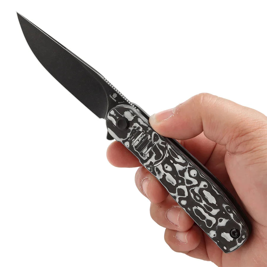 Tenable Einar T2072A4 – 3.13" Blackwash Nitro-V Drop Point Blade, Black & White Carbon Fiber Handle