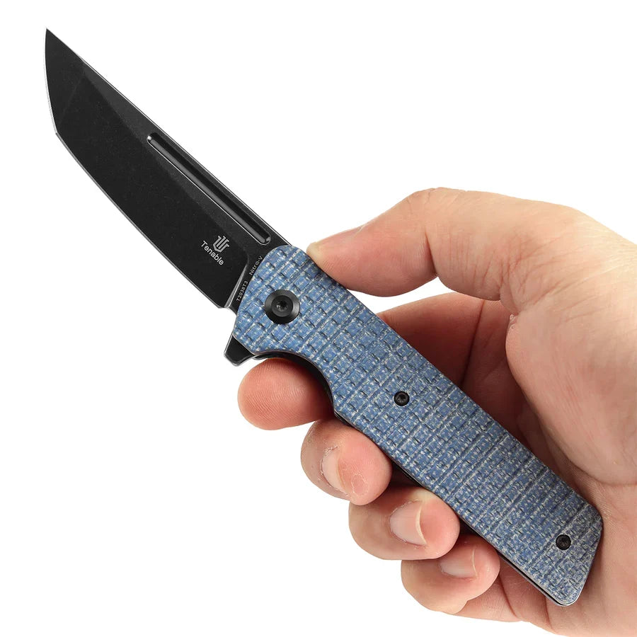Tenable Anomaly T2038T3 – 3.14" Blackwash Nitro-V Tanto Blade, Blue Micarta Handle with Frag Pattern and Liner Lock