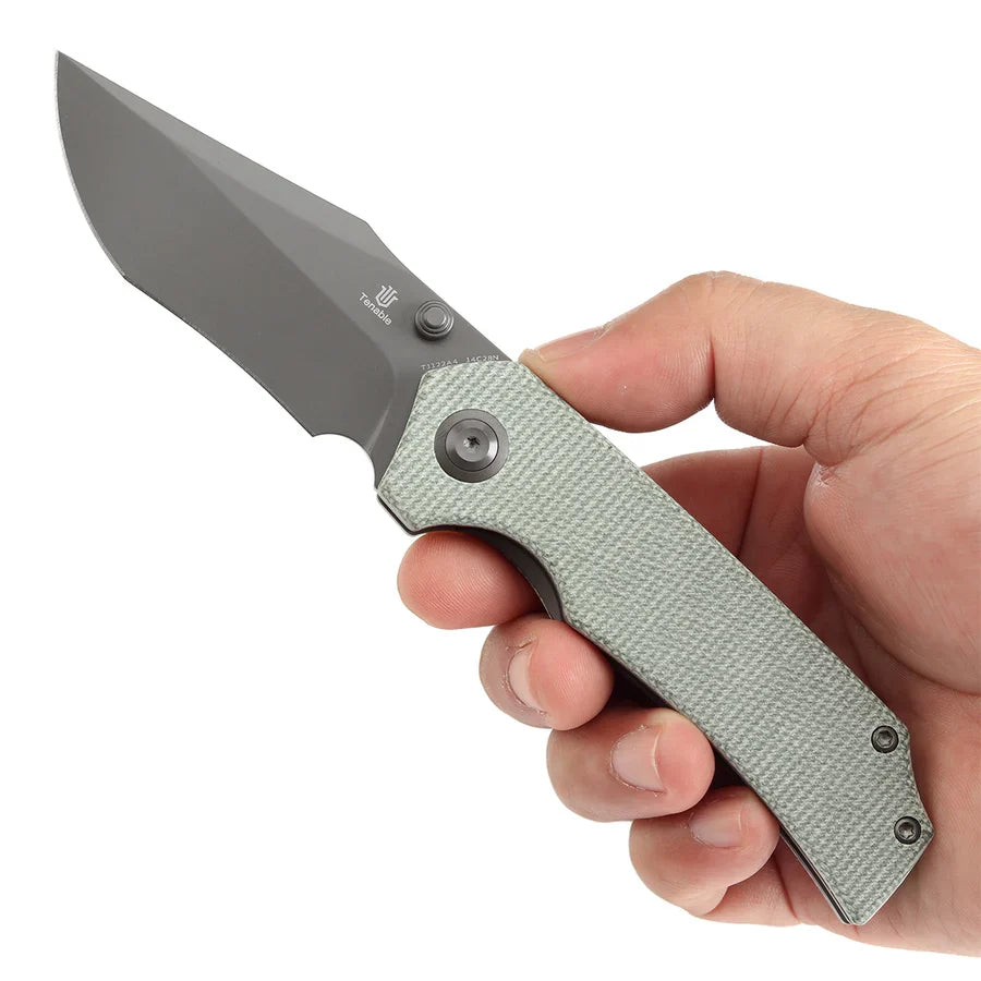 Tenable Fermi T1122A4 – 3.11" Gray TiCN-Coated 14C28N Blade, Green Micarta Handle with Liner Lock