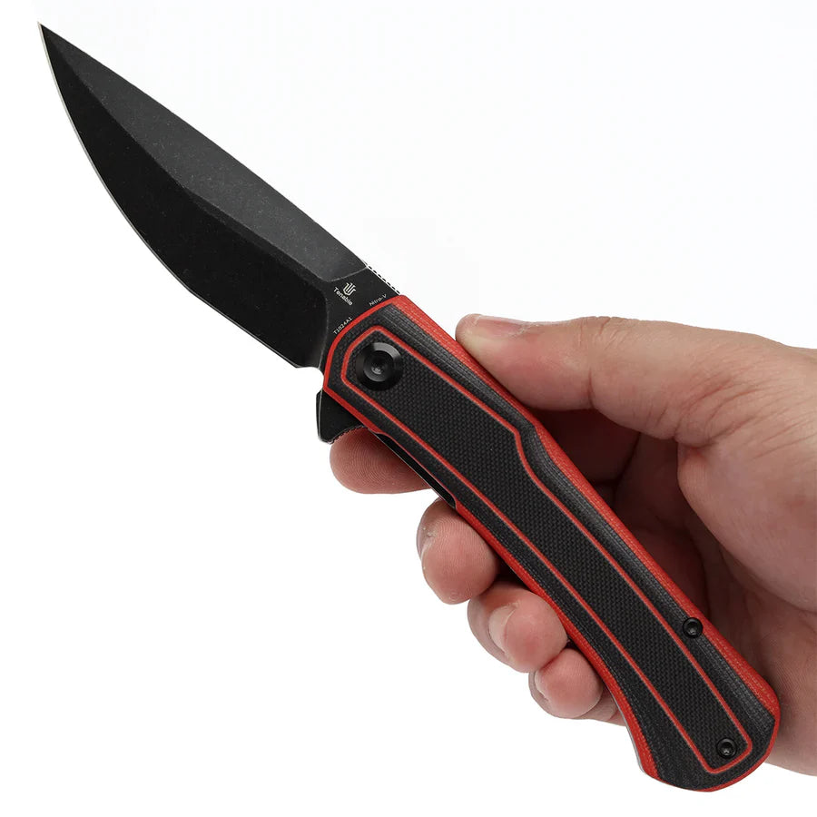 Tenable Kratos T1024A1 – 3.79" Nitro-V Blackwash Drop Point Blade, Black & Red G10 Handle, Liner Lock – Designed by Ostap Hel