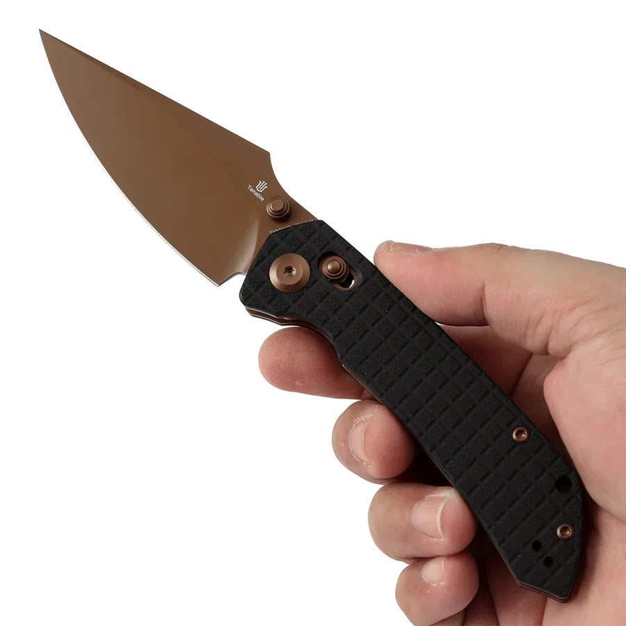 Tenable Fenrir T1034V8 – Black G10 Frag Pattern, 3.48" Rose Gold Nitro-V Blade, Sparrow Knife Co. Design