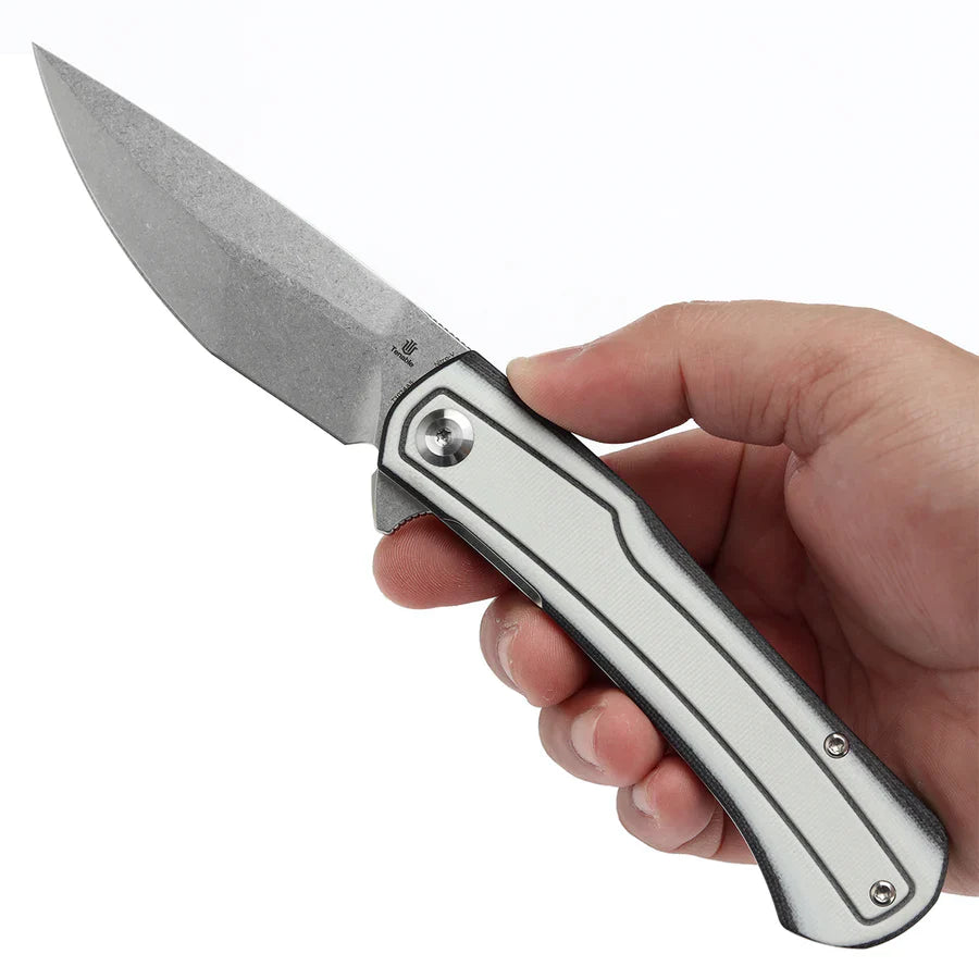 Tenable Kratos T1024A5 – 3.79" Nitro-V Stonewashed Drop Point Blade, Black & White G10 Handle, Liner Lock – Designed by Ostap Hel