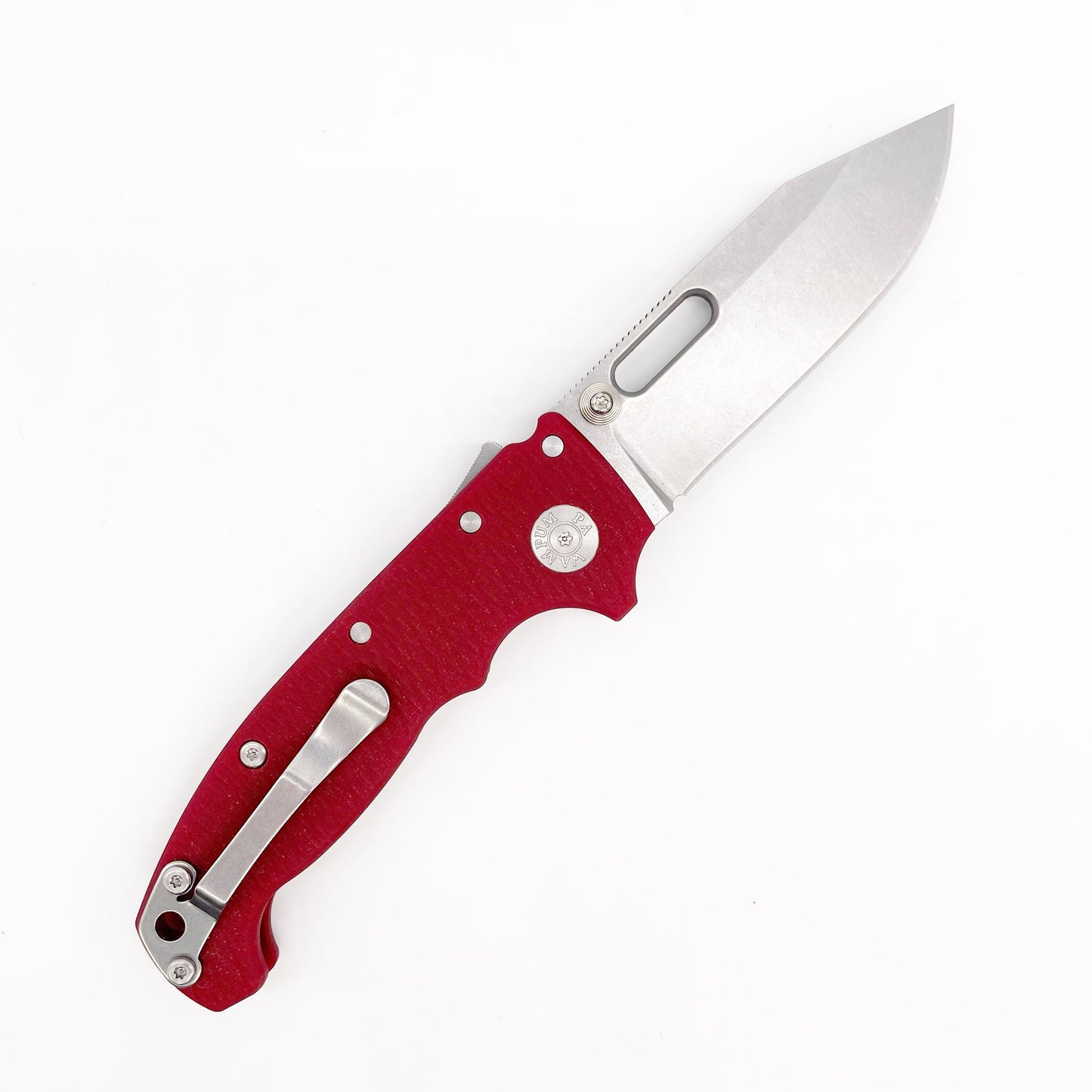 Demko AD20 MG textured red G10 handle detail