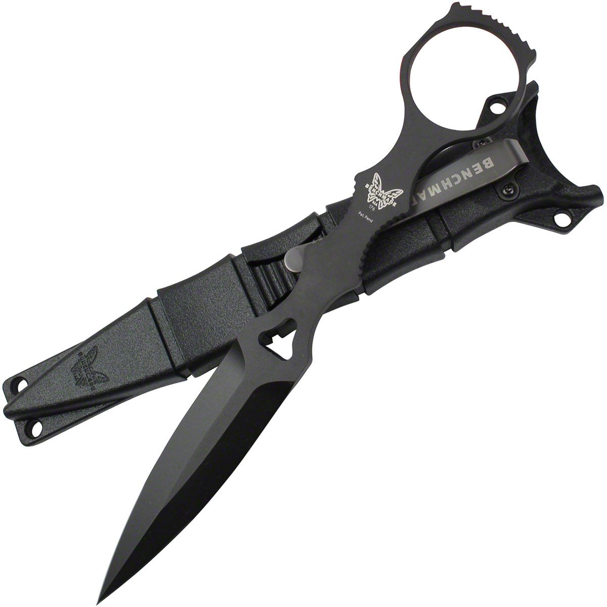 Benchmade SOCP Dagger 176BK skeletonized handle and black MOLLE sheath detail