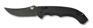 Benchmade Bedlam 8600BK front view – 4.00" black 154CM modified Bowie AUTO-AXIS automatic knife, black G10 handle