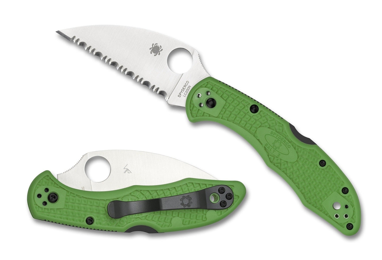 Spyderco C88FSWCGR2 Salt 2 Green Lockback Folding Knife Wharncliffe 3in LC200N Steel Serrated Blade