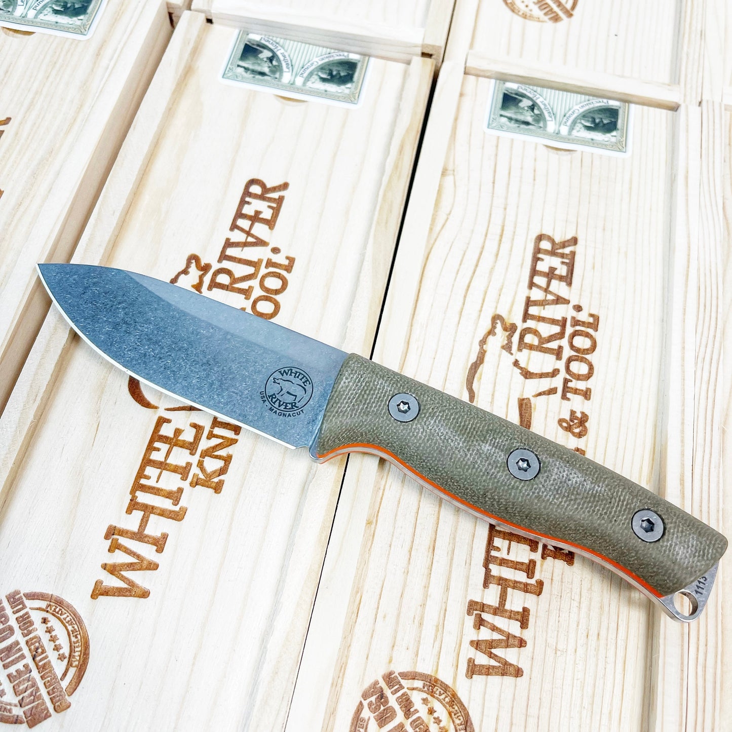 White River Ursus Cub Magnacut Fixed Blade Knife – OD Green Micarta w/ Orange Liners + Ferro Rod (USA Made)