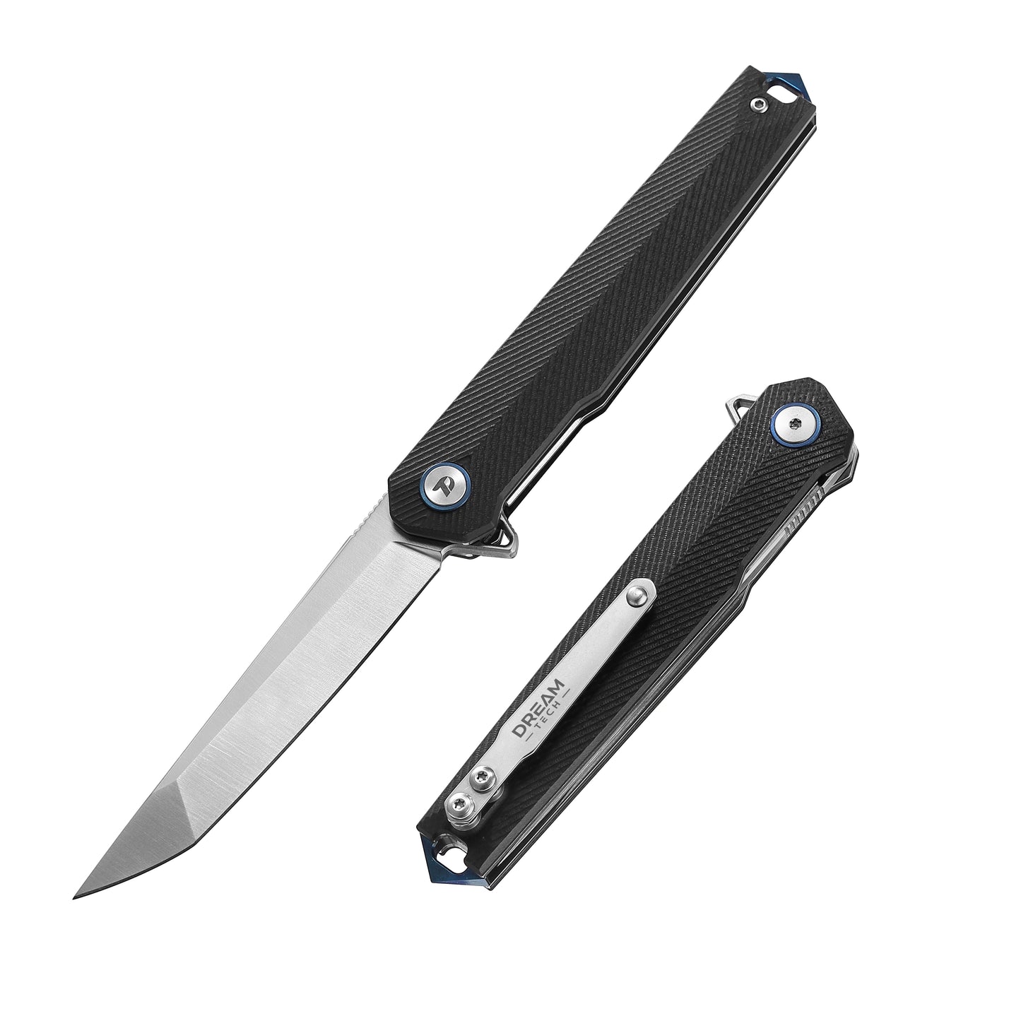 DreamTech D3395GB front view – 3.54" satin D2 tanto folding knife with black G10 handle, shown open and closed