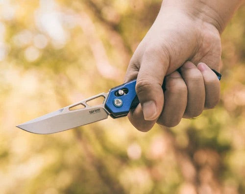 SRM Mecha 9225-GI Front Flipper Folding Knife 3.27in D2 Steel Blade Blue G10 Handles