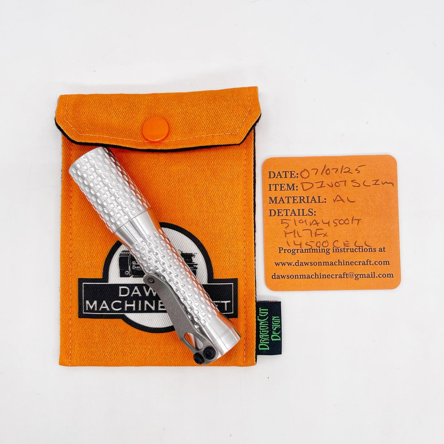 Dawson Machine Craft Divot Slim Flashlight – Satin Aluminum, Nichia 519a 4500K LED, H17Fx Driver, 14500 Battery