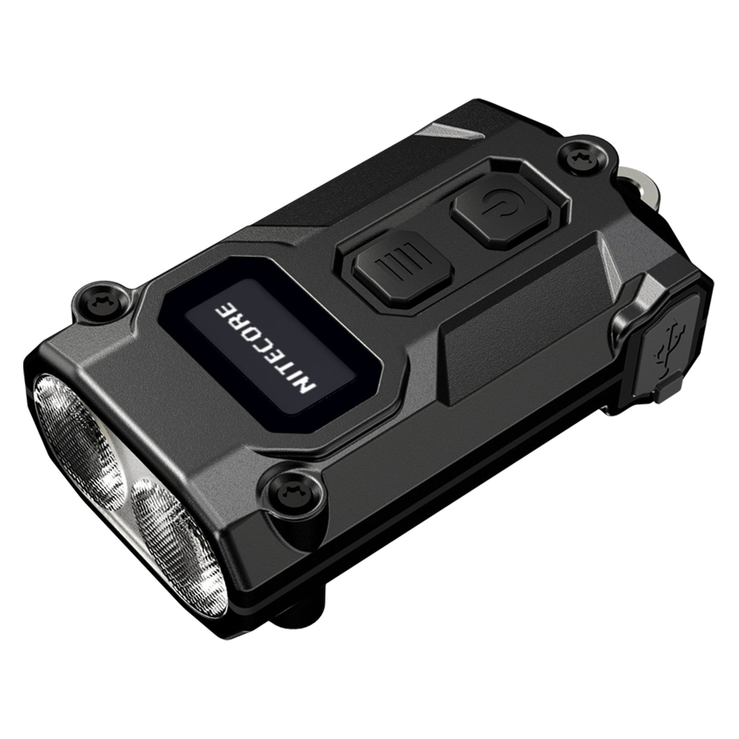 Nitecore TINI 3 front view – 600 lumen USB-C rechargeable keychain flashlight with OLED display, black