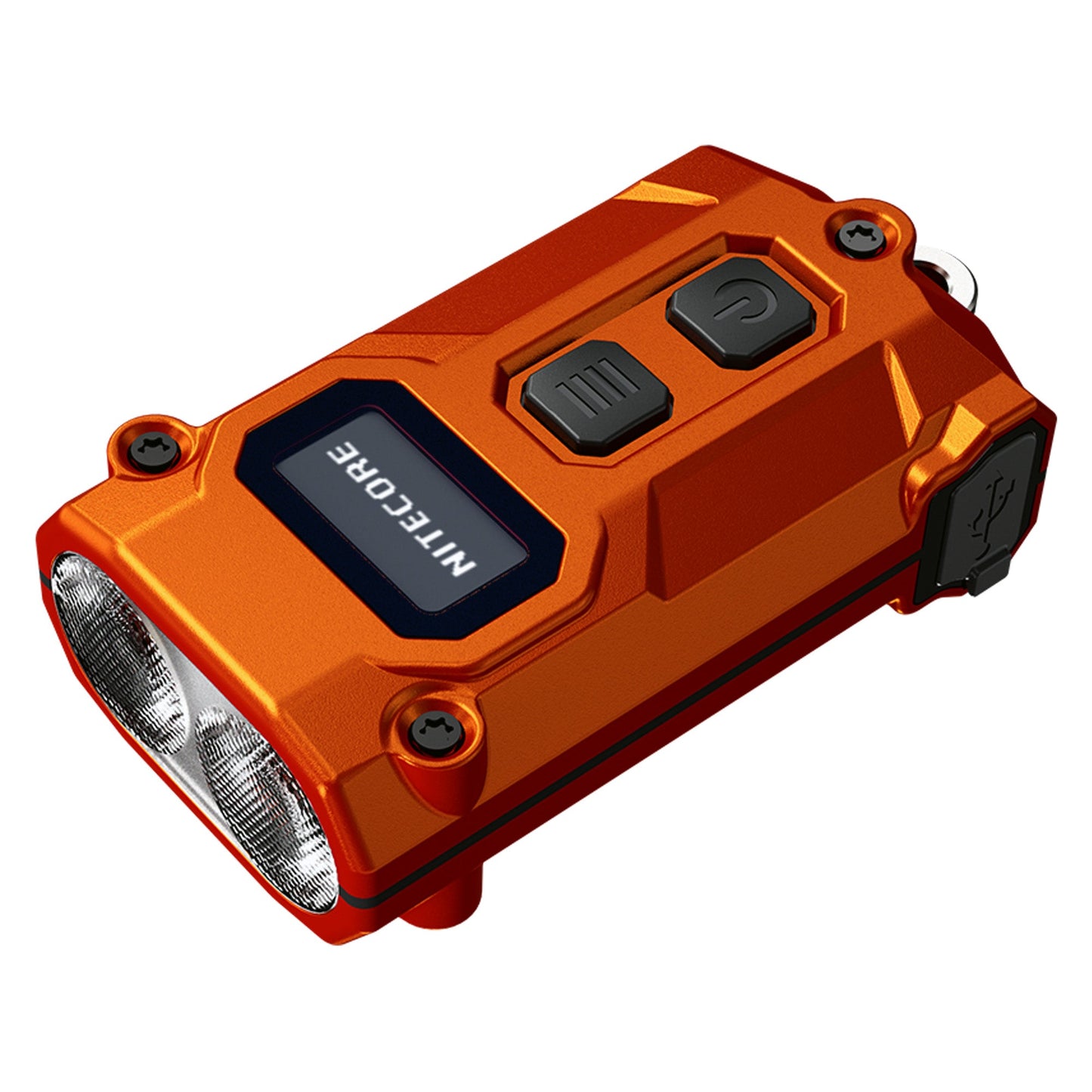 Nitecore TINI 3 Orange front view – 600 lumen USB-C rechargeable keychain flashlight with OLED display