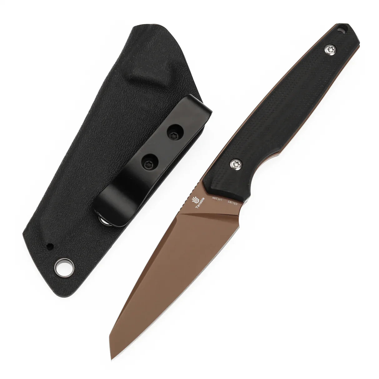 Tenable Parr G011B2 – 3.12" Rose Gold Coated 14C28N Reverse Tanto Blade, Black G10 Handle, Kydex Sheath – Designed by Jonathan Styles