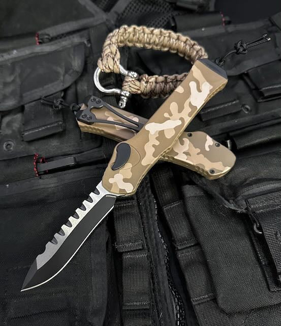 Heretic Knives Hydra Singe-Action OTF Automatic Knife 3.625" CPM-Magnacut Two-Tone Recurve Tan Camo Aluminum Handles - H008-10A-TCAMO