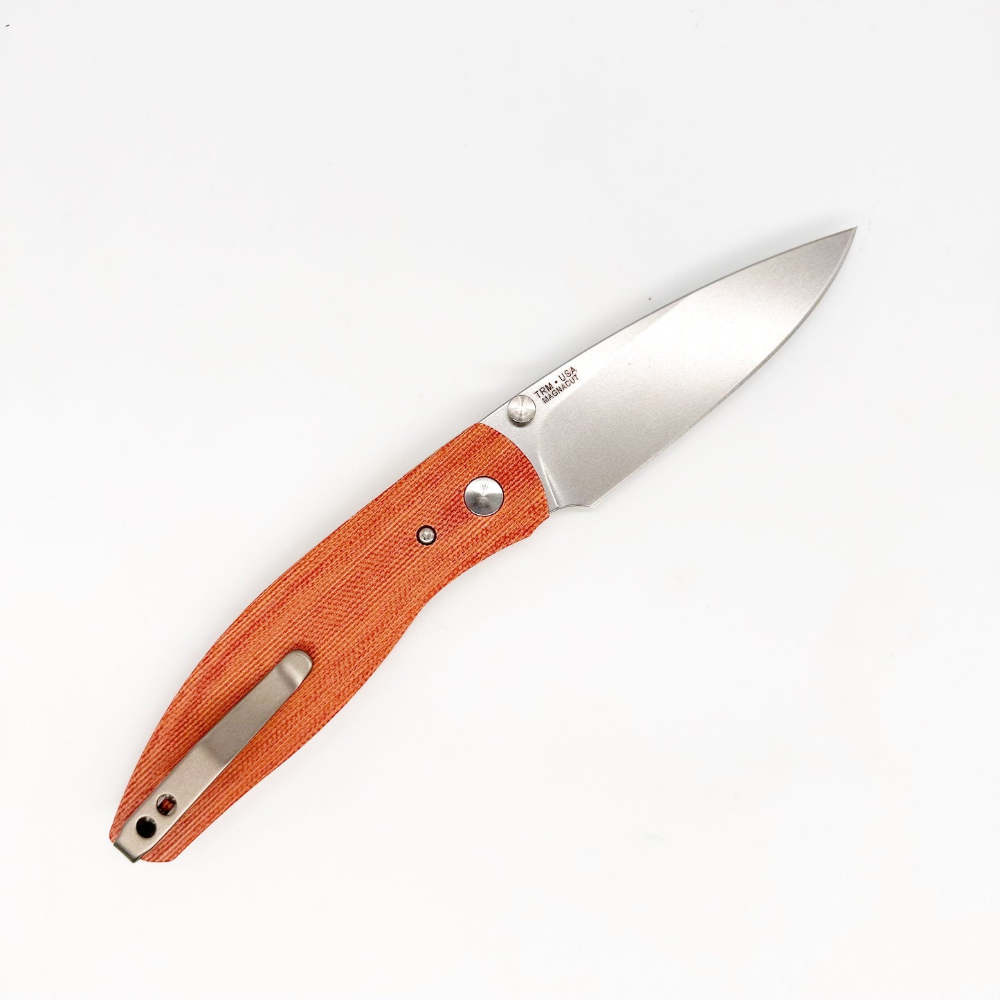Three Rivers Mfg ATOM Linerlock 3.5" CPM-MagnaCut - Autumn Orange Micarta 3D Contoured Scales