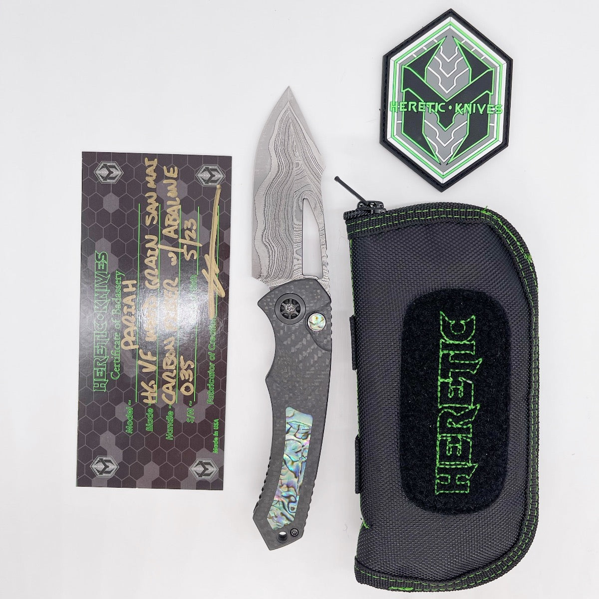 Heretic Knives Pariah Hand Ground VF Wood Grain San Mai Blade Carbon Fiber Abalone Inlay Handles