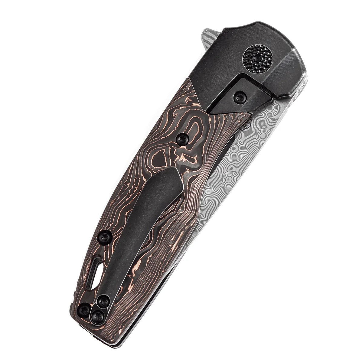 Kansept Cassowary 2.9" Damascus with Black Stonewashed Titanium & Copper Carbon Fiber Handles - K2065B5