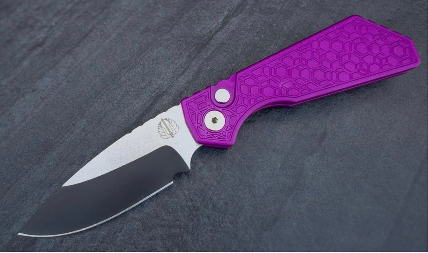 Pro-Tech Strider PT+ Purple Gridlock Textured Handles 2-Tone DLC/Satin Magnacut Blade Pearl Button