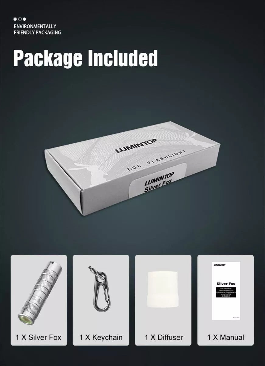 Lumintop Silver Fox package contents – flashlight, keychain, diffuser, and manual