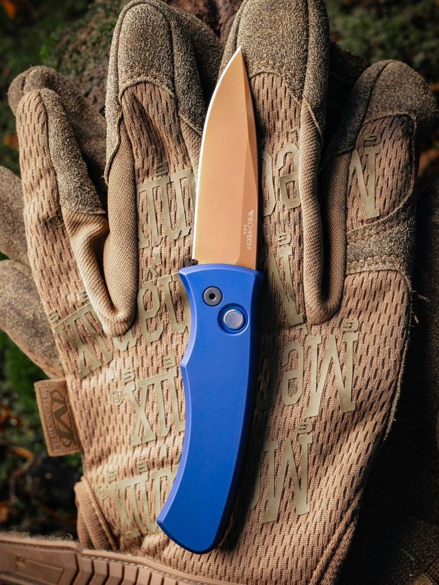 Pro-Tech Duke 2 Dark Navy Blue Aluminum Handle Tan PVD Magnacut Blade Black Lip Pearl Button