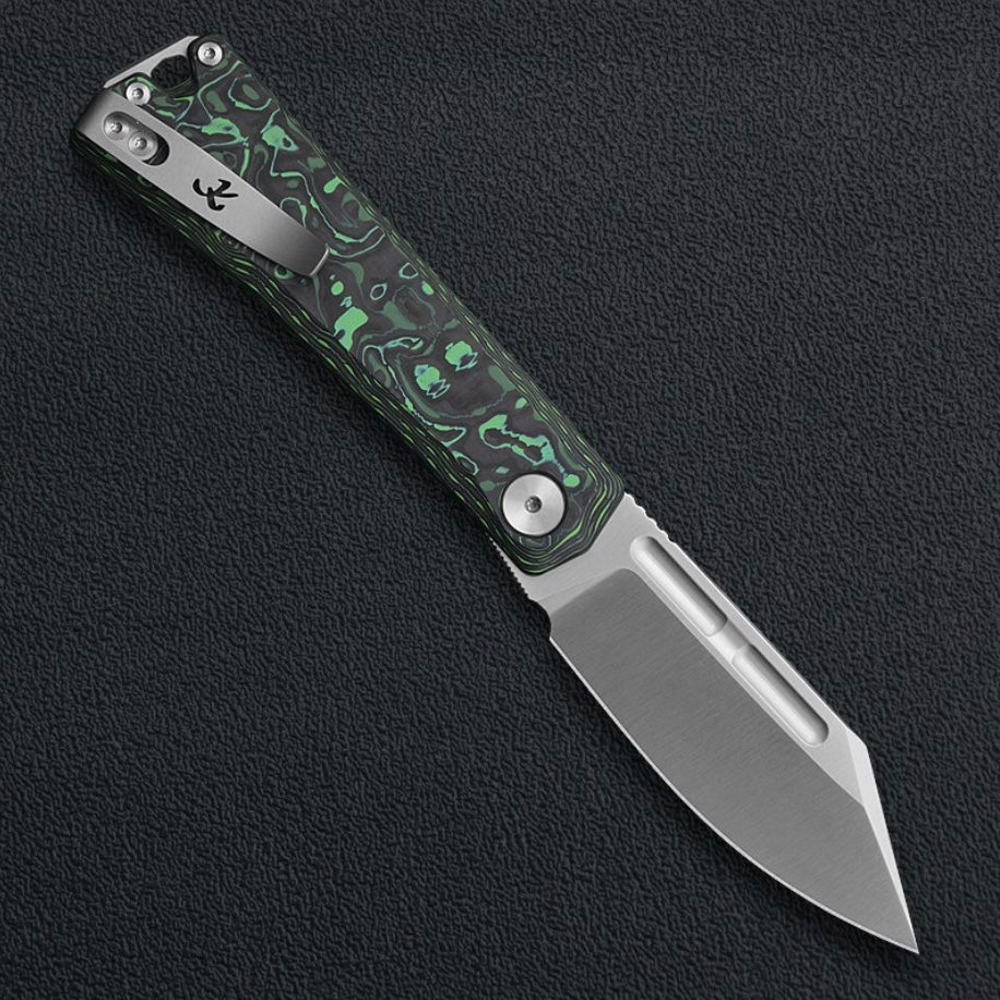 Kunwu Geezer J708A-3, 3.22″ Satin ELMAX Blade, Green Carbon Fiber, Slip Joint, view 2