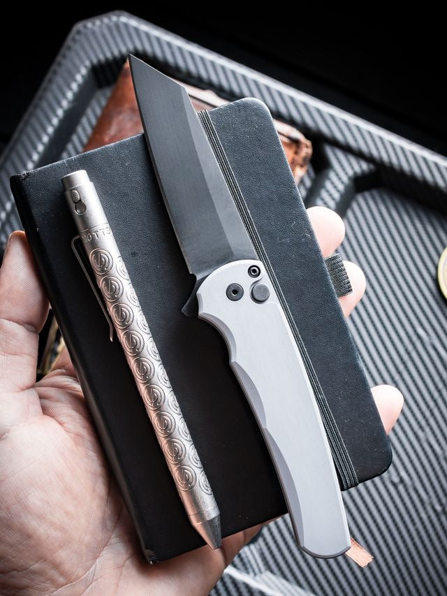Pro-Tech 5403-Grey Malibu Button Lock Flipper Grey Handle PVD Magnacut Reverse Tanto Blade