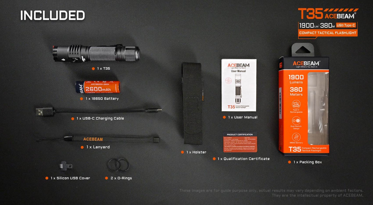 Acebeam T35 tactical flashlight with included 18650 battery and USB-C charging accessories – view 14