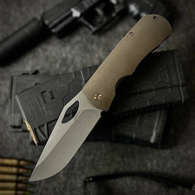 McNees Dixon 3.75" MagnaCut Frame Lock Knife Stonewash Blade Bronze Titanium Handle USA Made