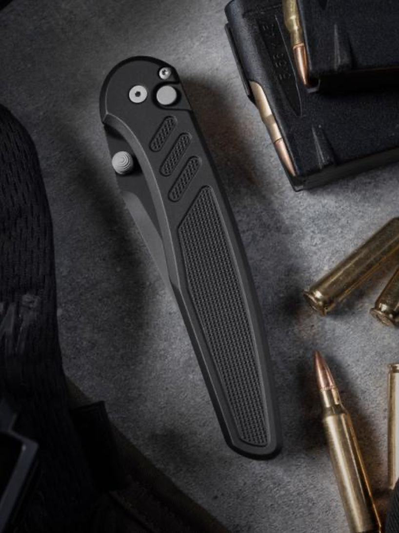Pro-Tech Avalon Peace Neighbor Edition – MagnaCut DLC Folding Knife Knurled Thumb Stud Black Aluminum Handle