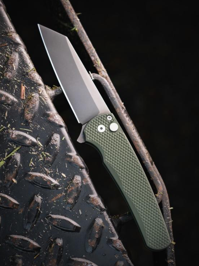 Pro-Tech Malibu – Smoky Grey DLC MagnaCut Reverse Tanto Button Lock Folding Knife, Textured Green Aluminum Handle