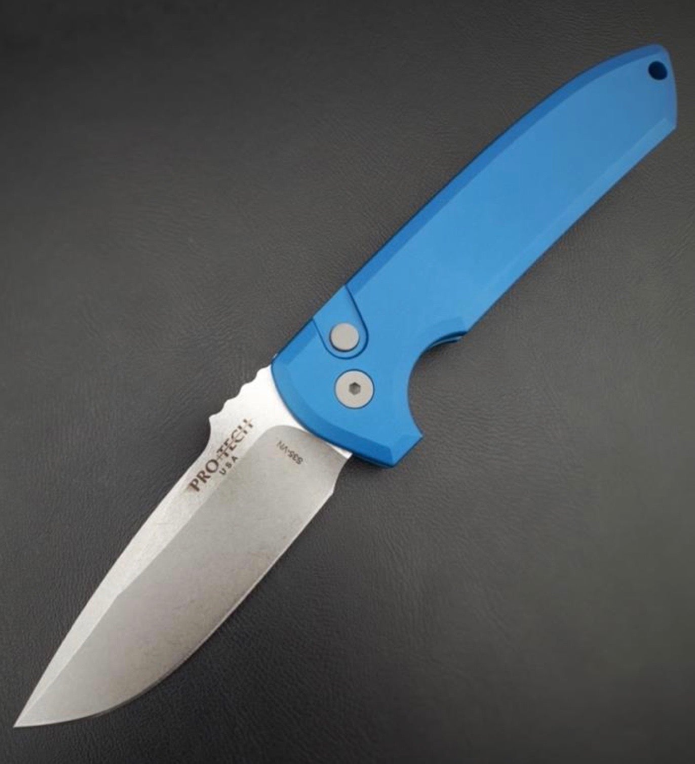 ProTech LG301-Blue Rockeye Automatic Folding Knife Blue Handles Stonewashed CPM-S35VN Steel Blade