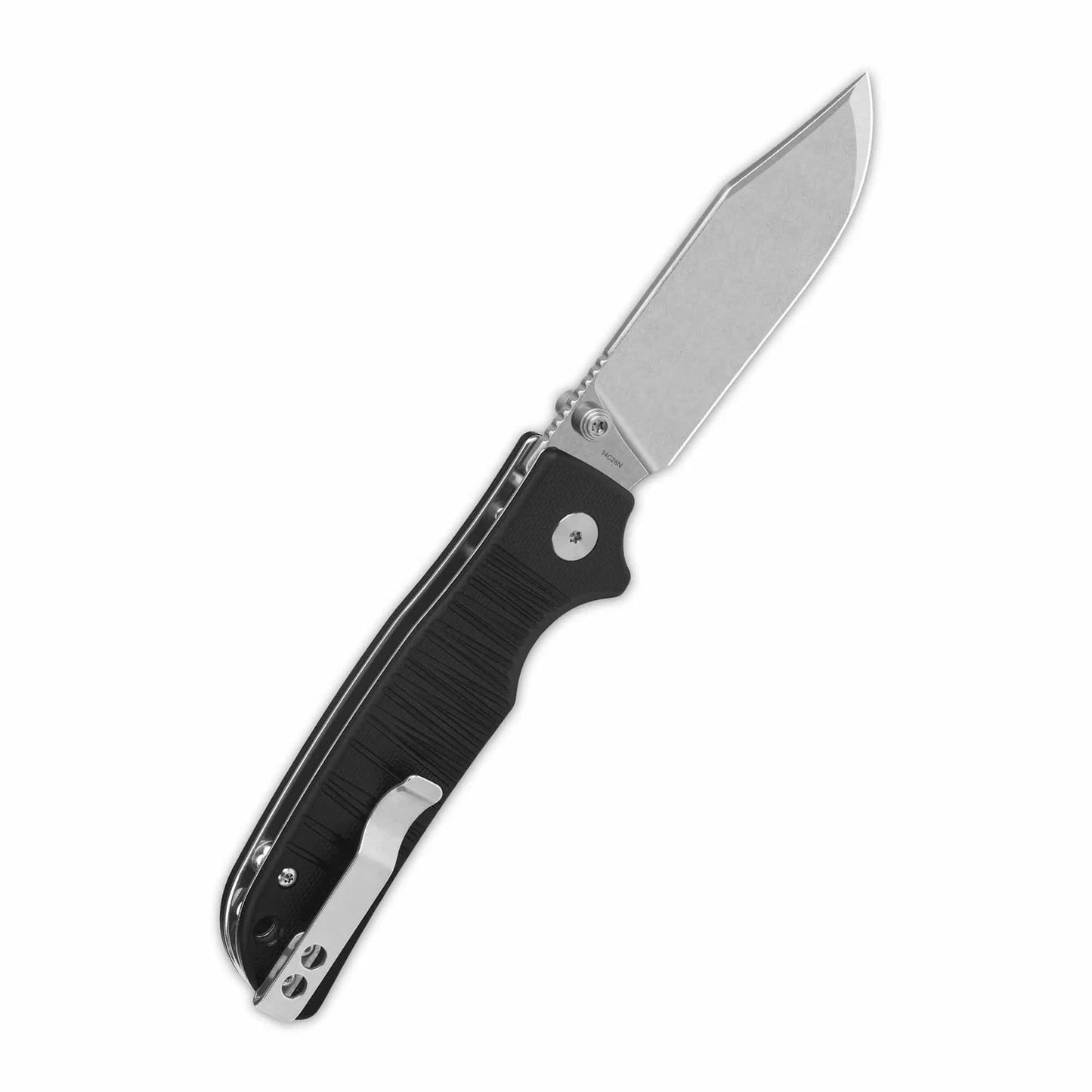 QSP Kali Button Lock Pocket Knife 3.25in Stonewashed 14C28N Blade Black G10 Handle (QS159-B1)