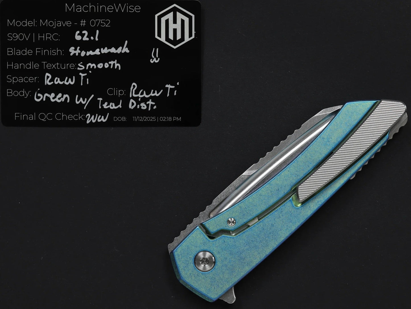 Machinewise Mojave 0752 – 3.45" S90V Blade, Green w/ Teal Distressed Titanium Handles