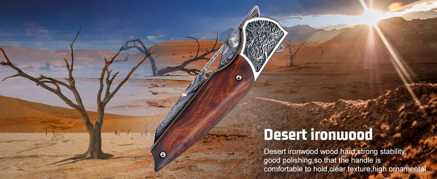 Remette WD107 Hidden Pivot Damascus Folding Knife – 3.15" Reverse Tanto Blade, Desert Ironwood & Titanium Handle