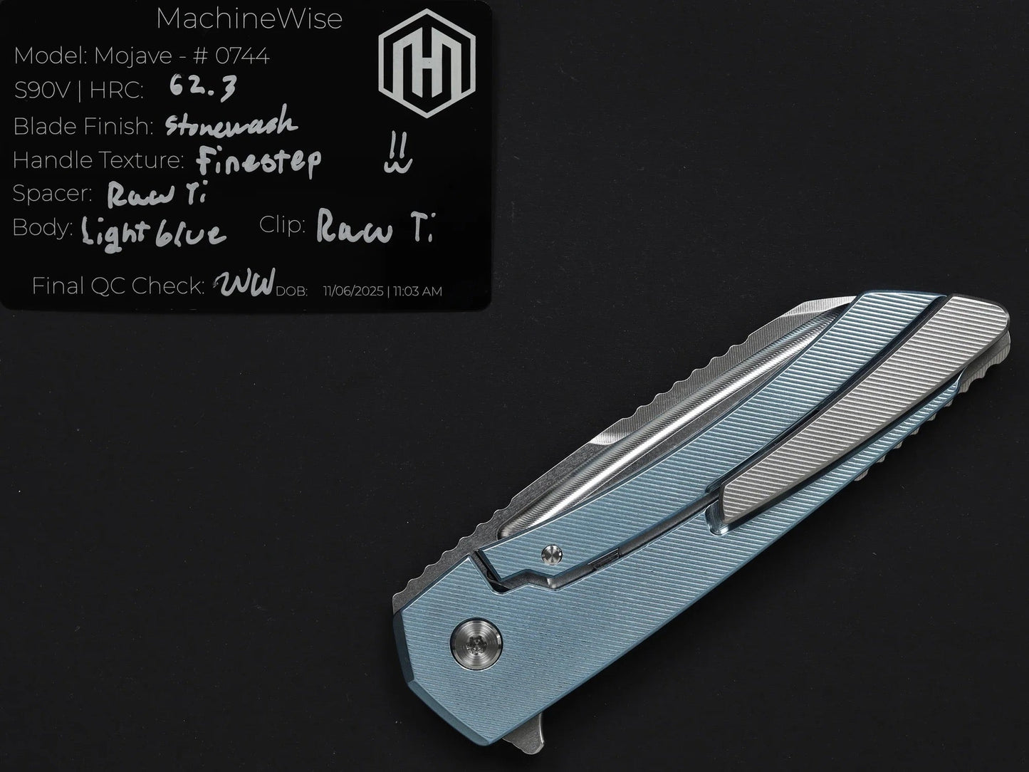Machinewise Mojave 0744 – 3.45" S90V Blade, Light Blue Finestep Titanium Handles